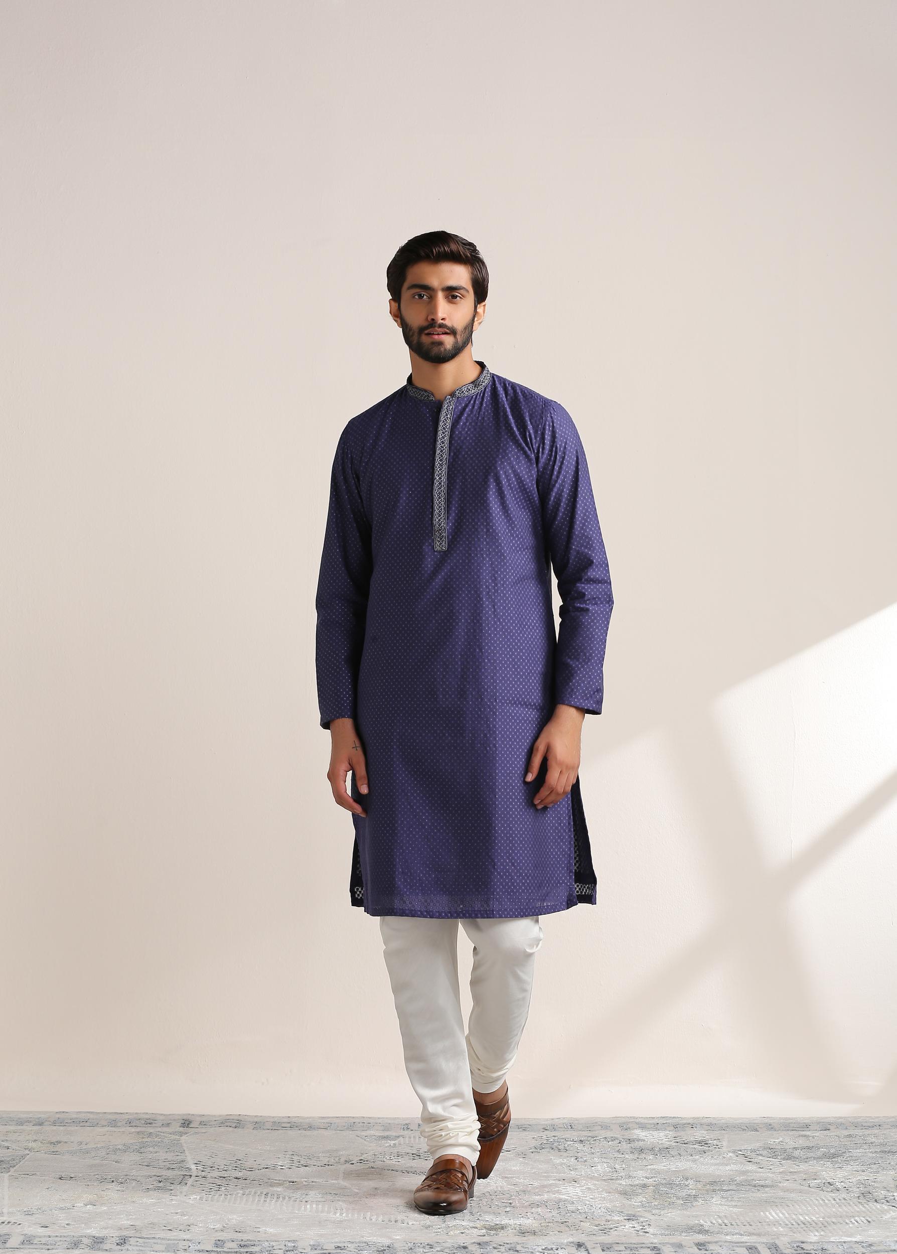 Twamev Men Deep Blue Jacquard Patterned Kurta Set