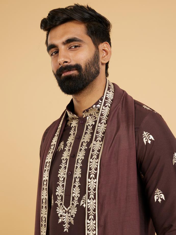 Twamev Men Rich Brown Ensemble Kurta Set with Dupatta