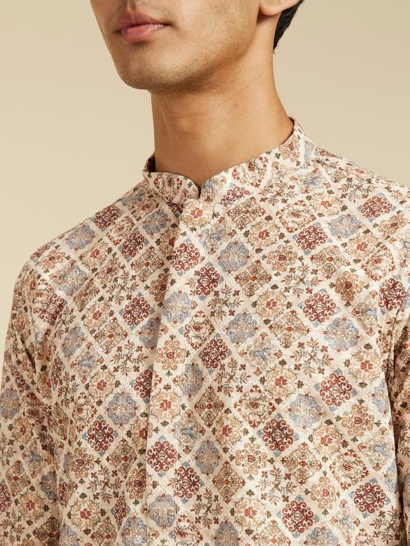 Diwas Men Soft Beige Chikankari Inspired Printed Kurta