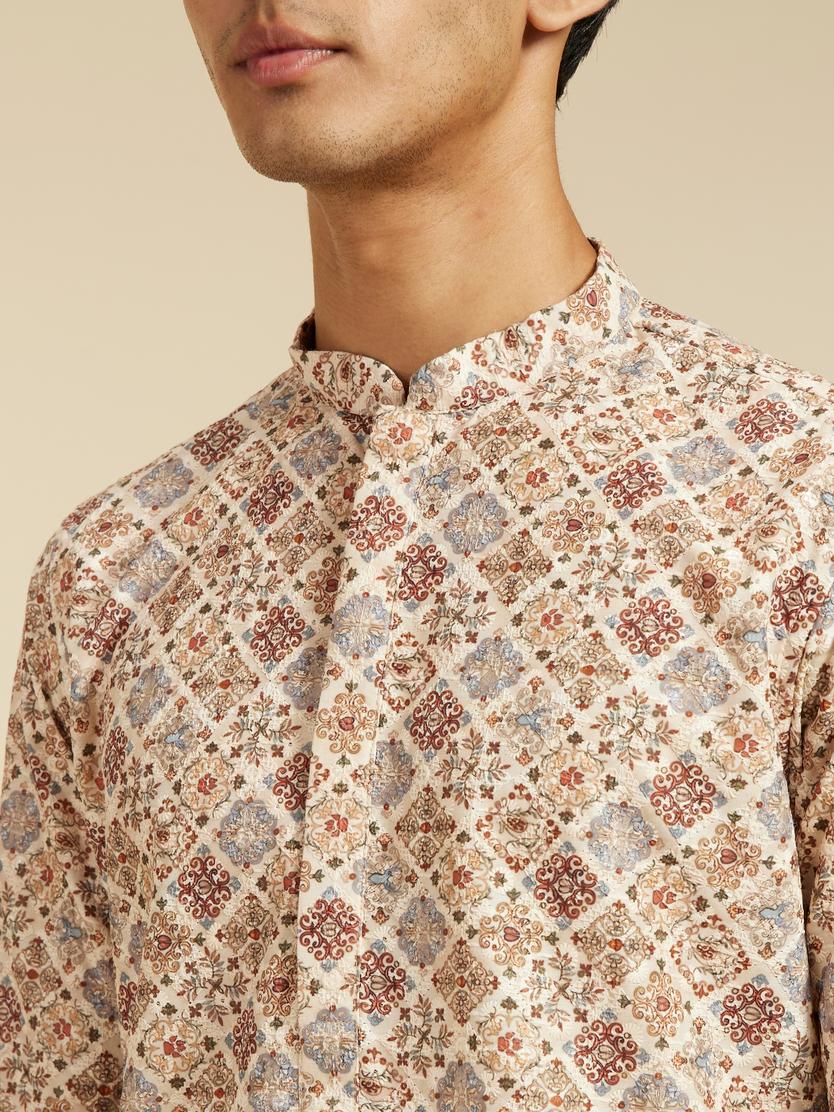 Diwas Men Soft Beige Chikankari Inspired Printed Kurta