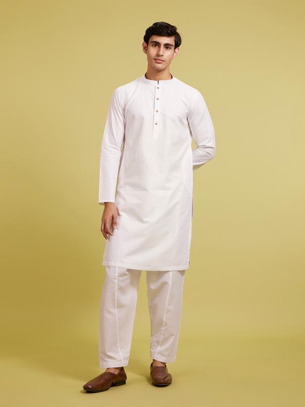Diwas Men Ice White Linear Self Striped Kurta