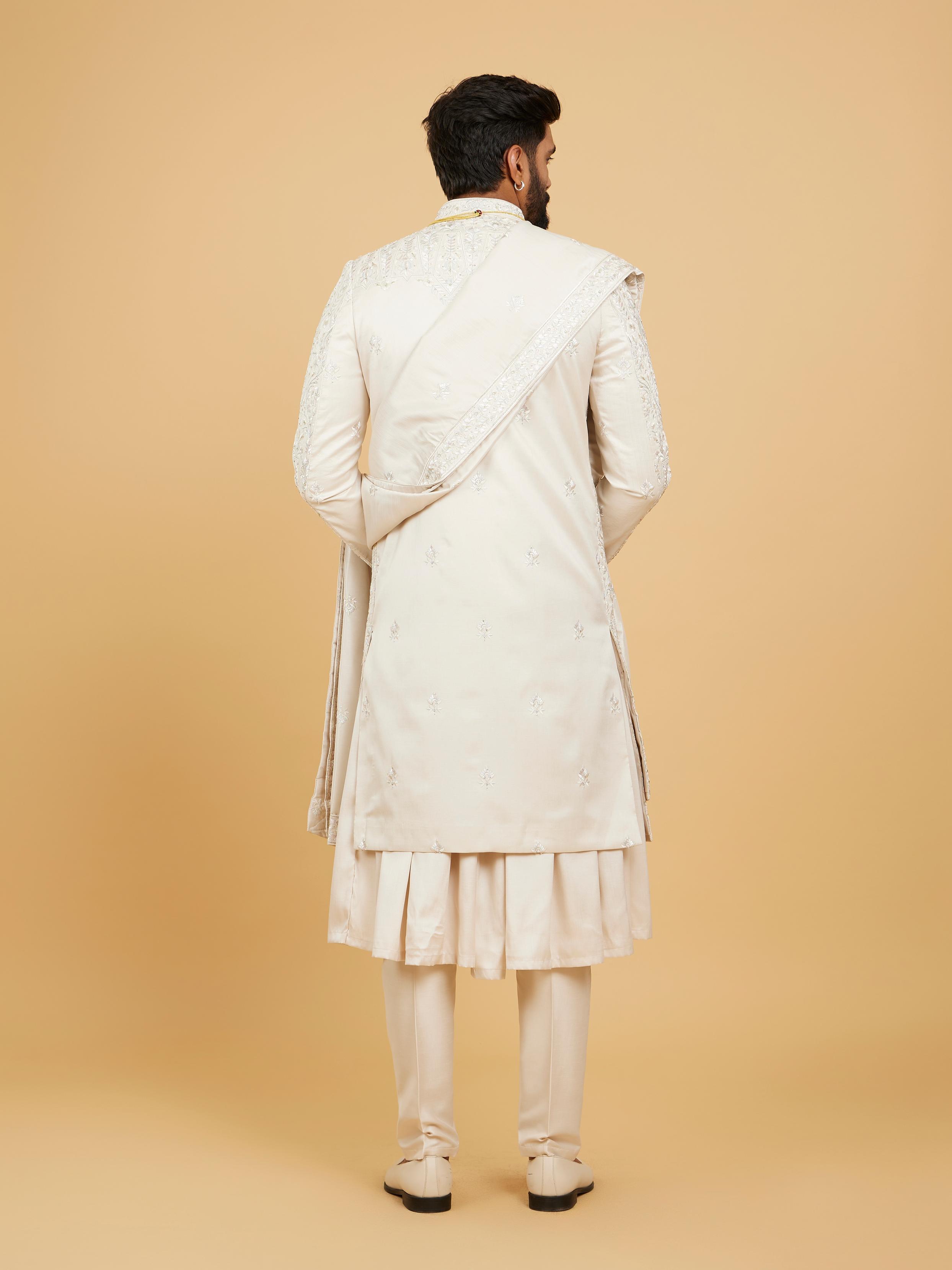 Twamev Men Pristine Beige Pista Green Sherwani