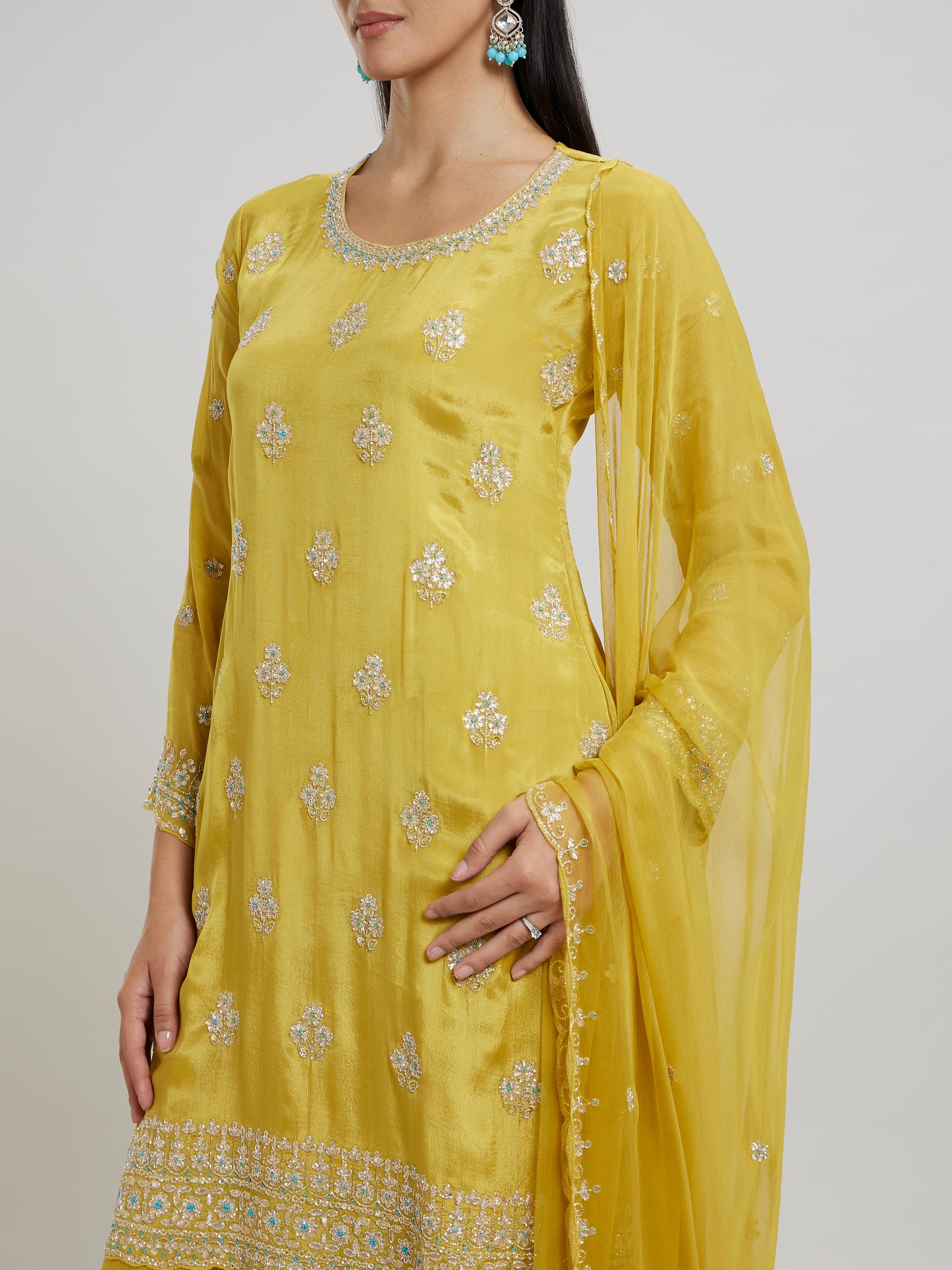 Twamev Women Radiant Yellow Chinon Stitched Suit