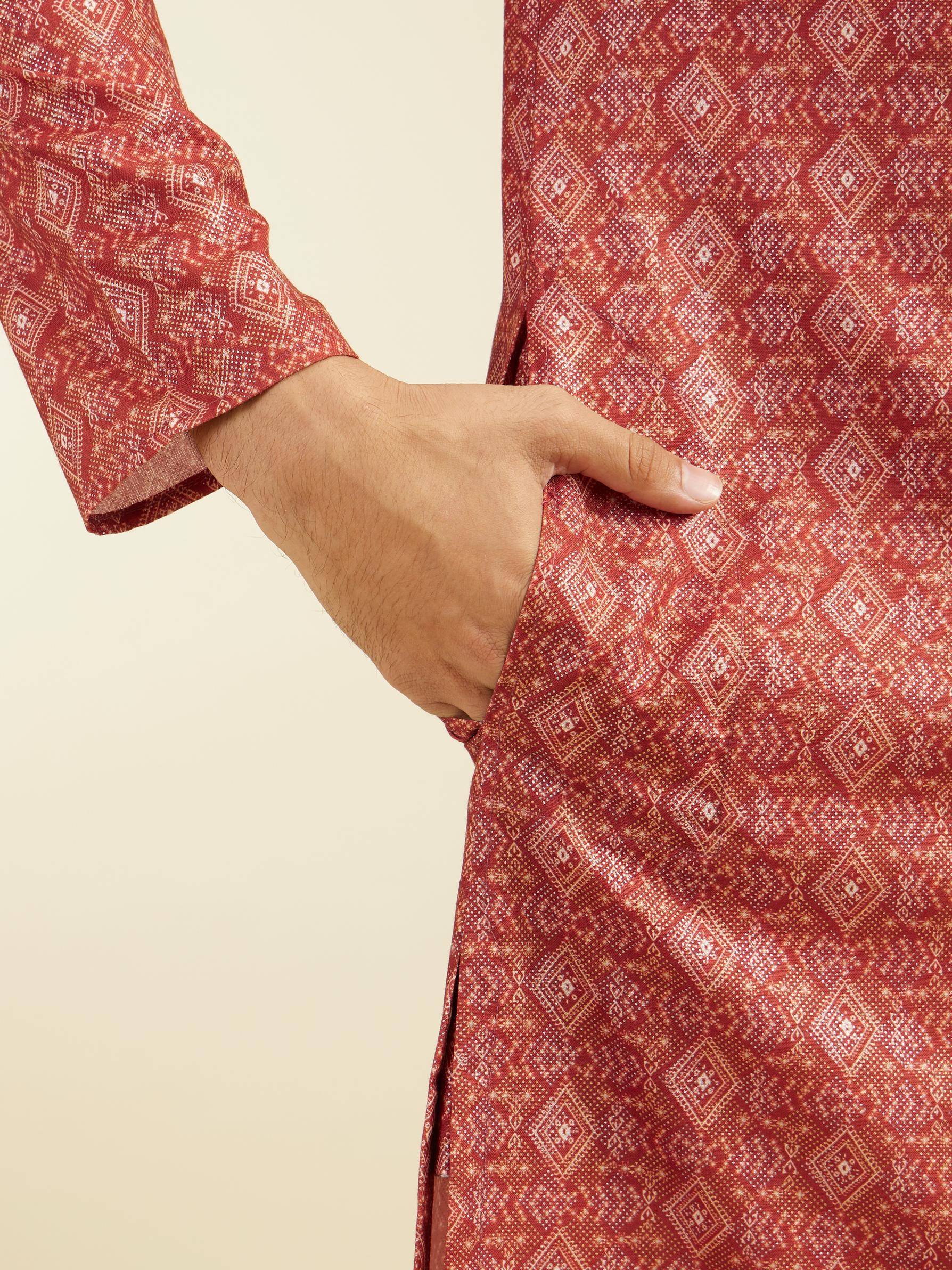 Diwas Men Rust Red Diamond Printed Kurta