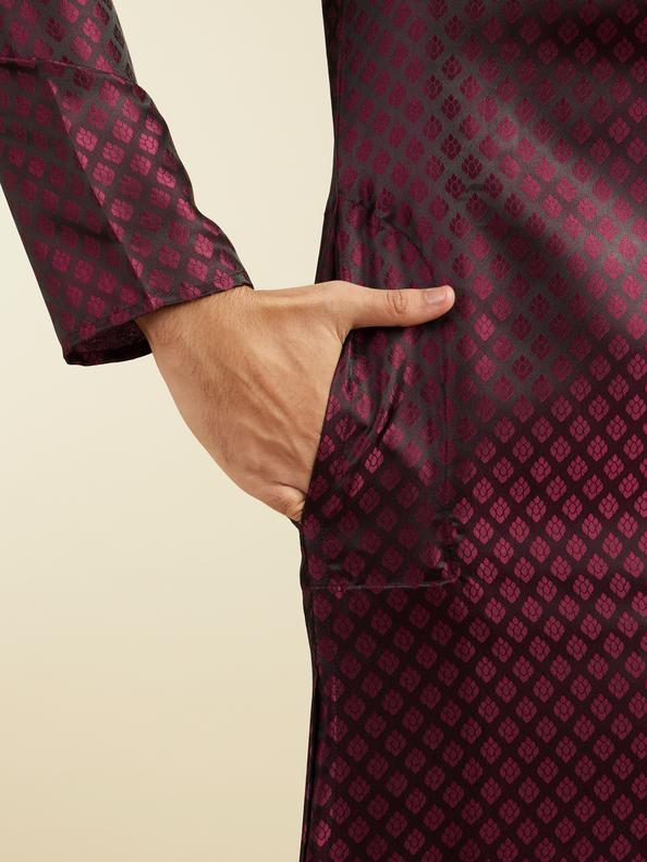 Diwas Men Wine Red Buta Jaal Patterned Kurta with Embroidered Neckline