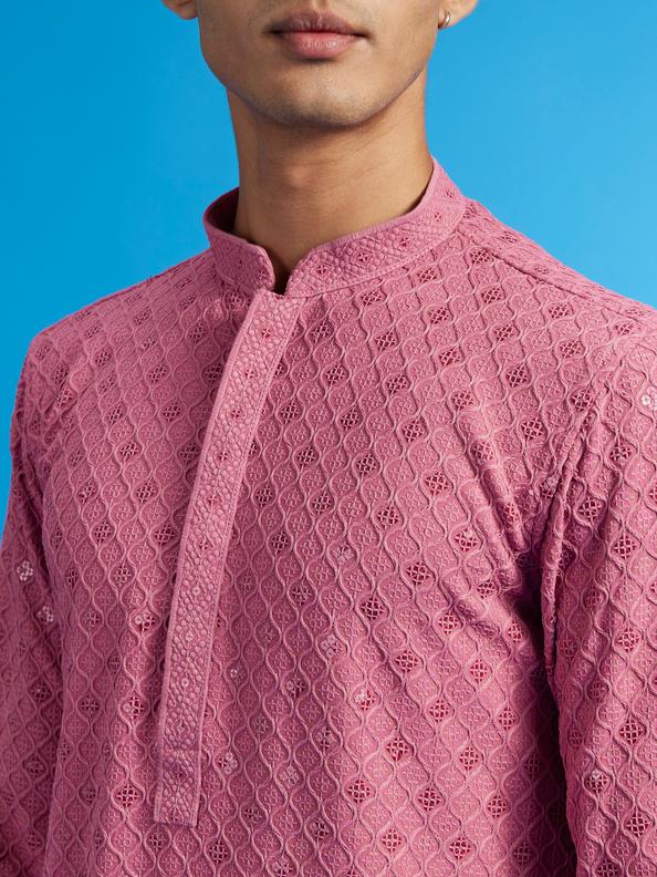 Diwas Men Dusty Pink Chikankari Kurta With Sequins