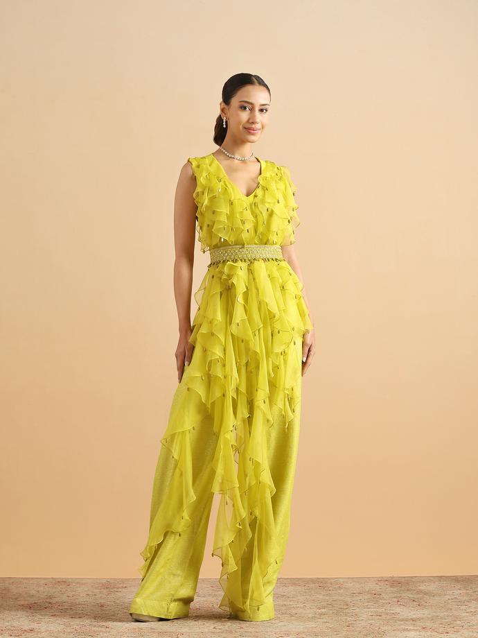 Twamev Women Contemporary Green Ruffle Stitched Suit