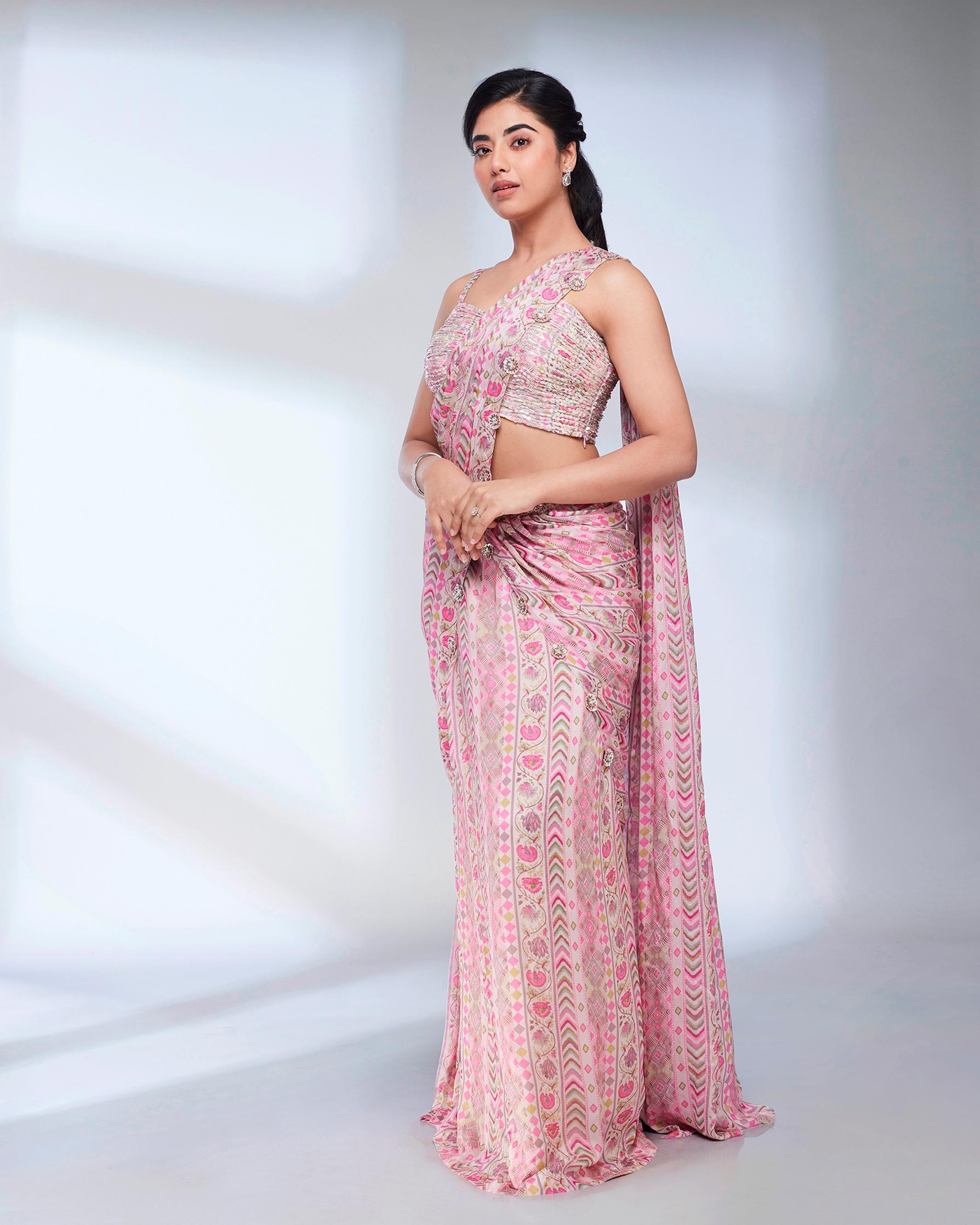 Twamev Women Pink Floral and Chevron Printed Sequined Draped Saree