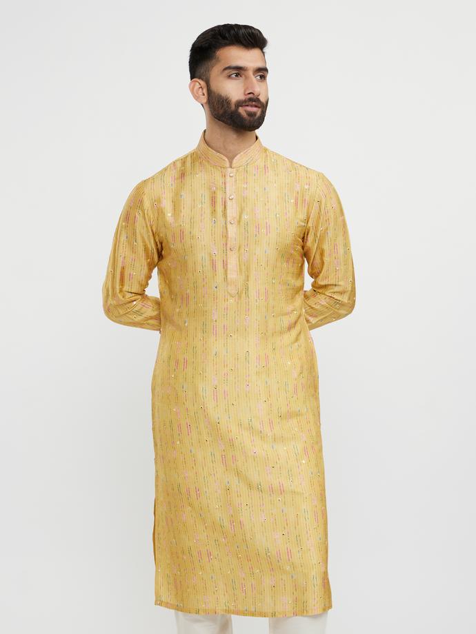 Twamev Men Mustard Yellow Mirror Embellished Kurta Set