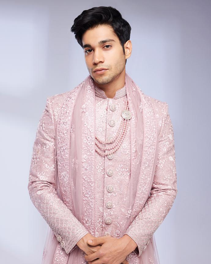 Twamev Men Dusty Pink Bel Buti Patterned Sherwani Set