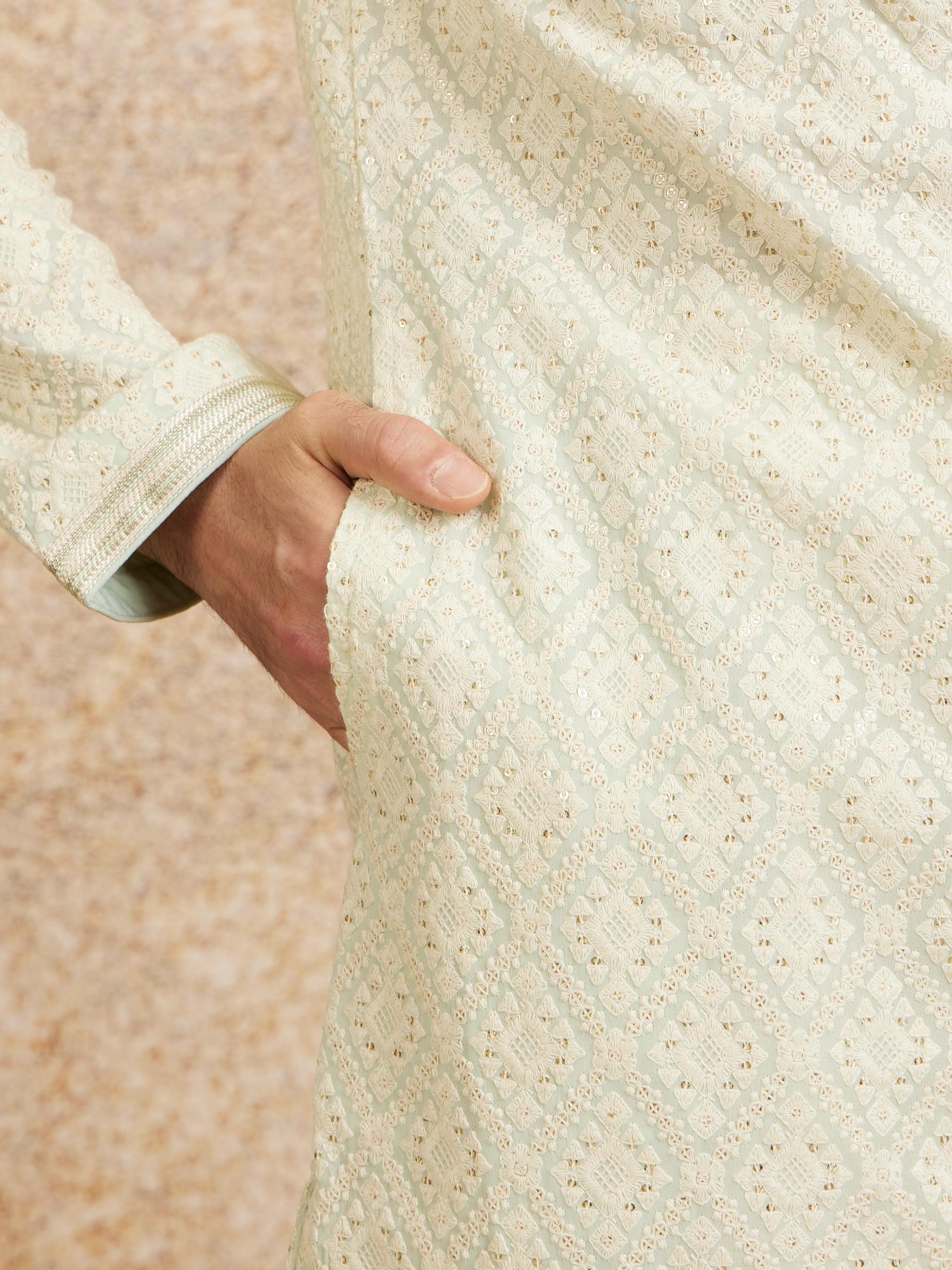 Twamev Men Pista Green Chikankari Kurta Set