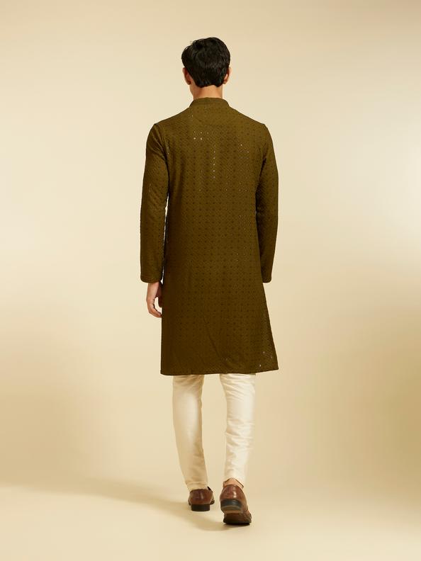 Diwas Men Olive Green Chikankari Kurta with Sequin