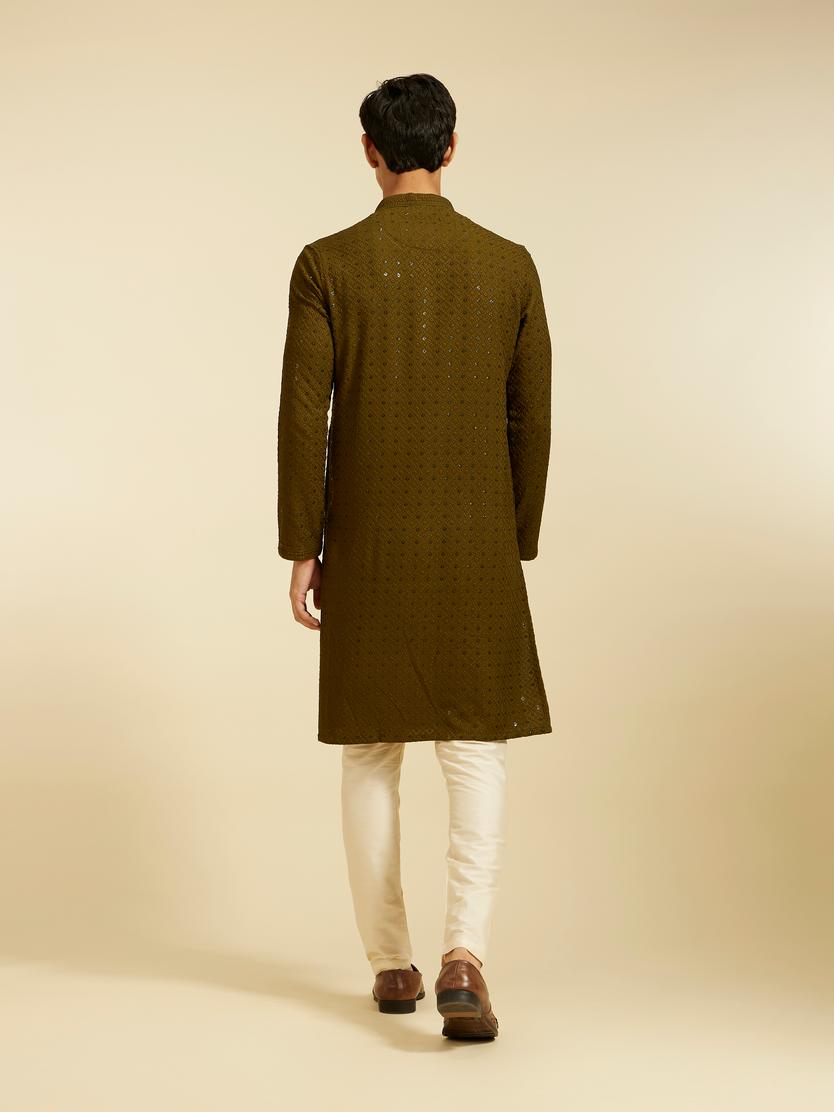 Diwas Men Olive Green Chikankari Kurta with Sequin