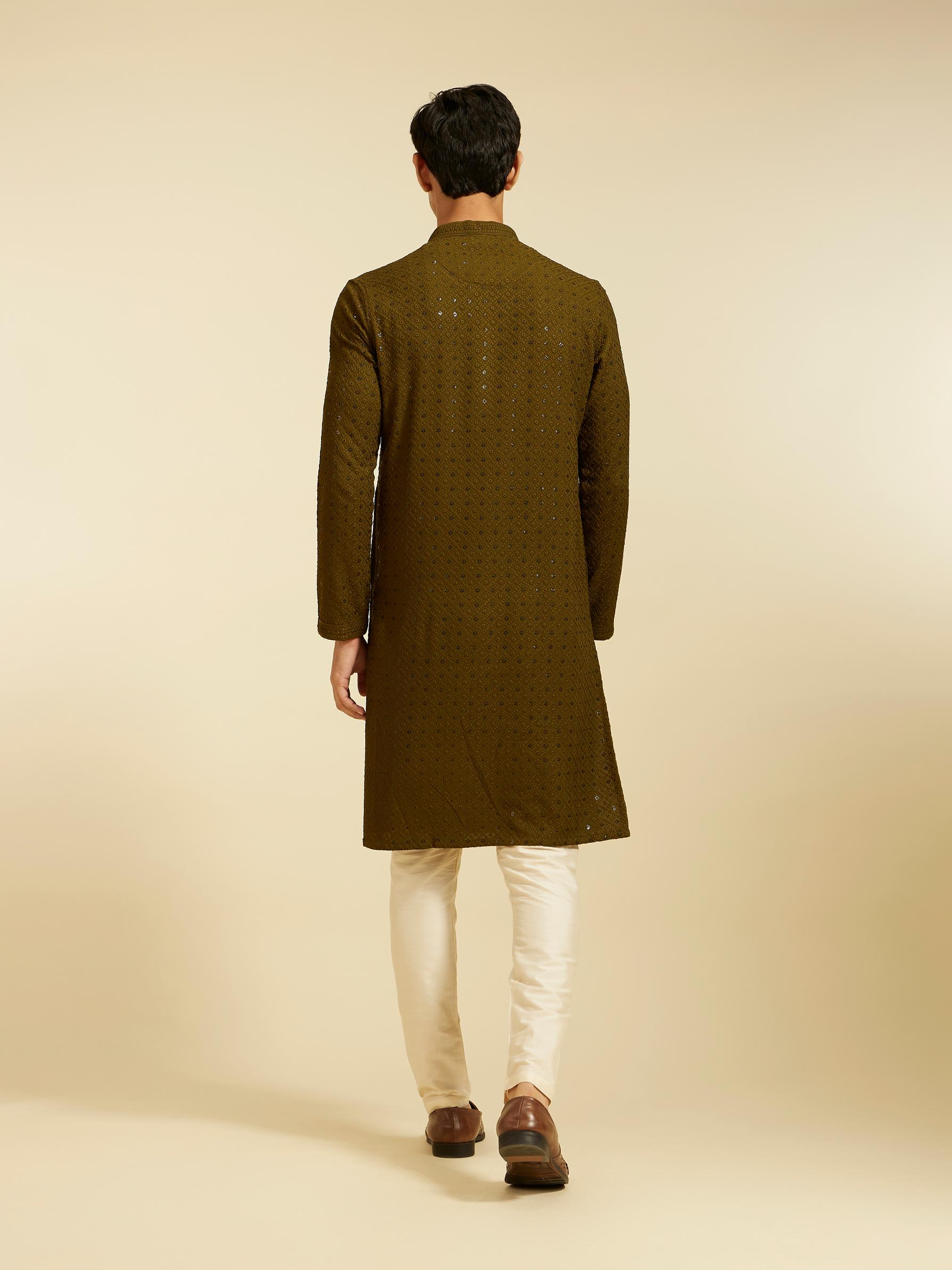 Diwas Men Olive Green Chikankari Kurta with Sequin