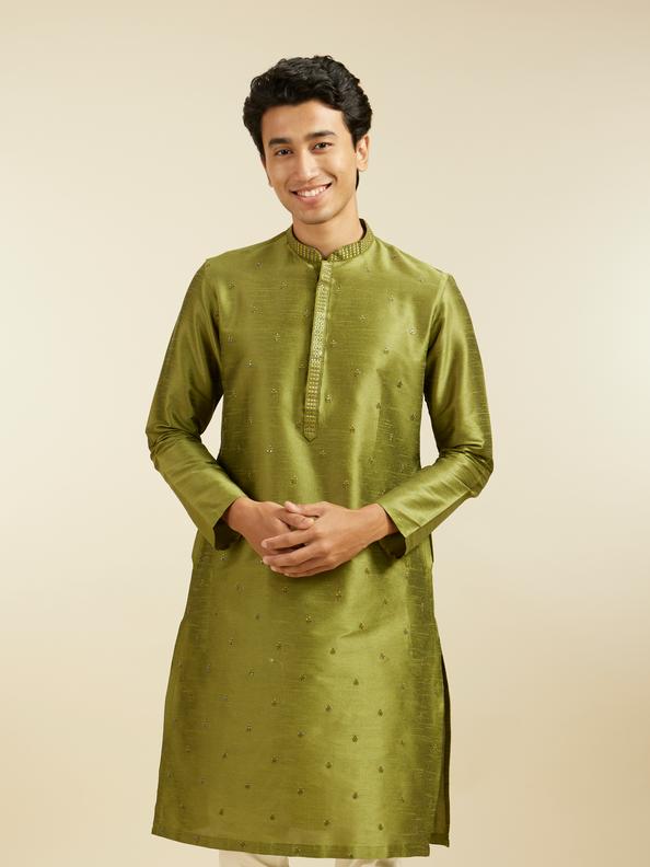 Diwas Men Olive Green Buta Embroidered Kurta with Sequin Work