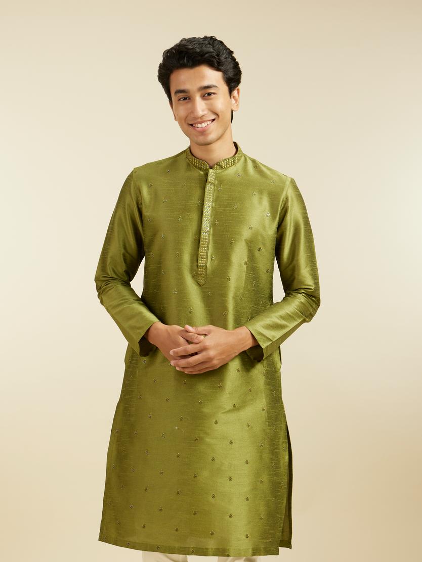Diwas Men Olive Green Buta Embroidered Kurta with Sequin Work