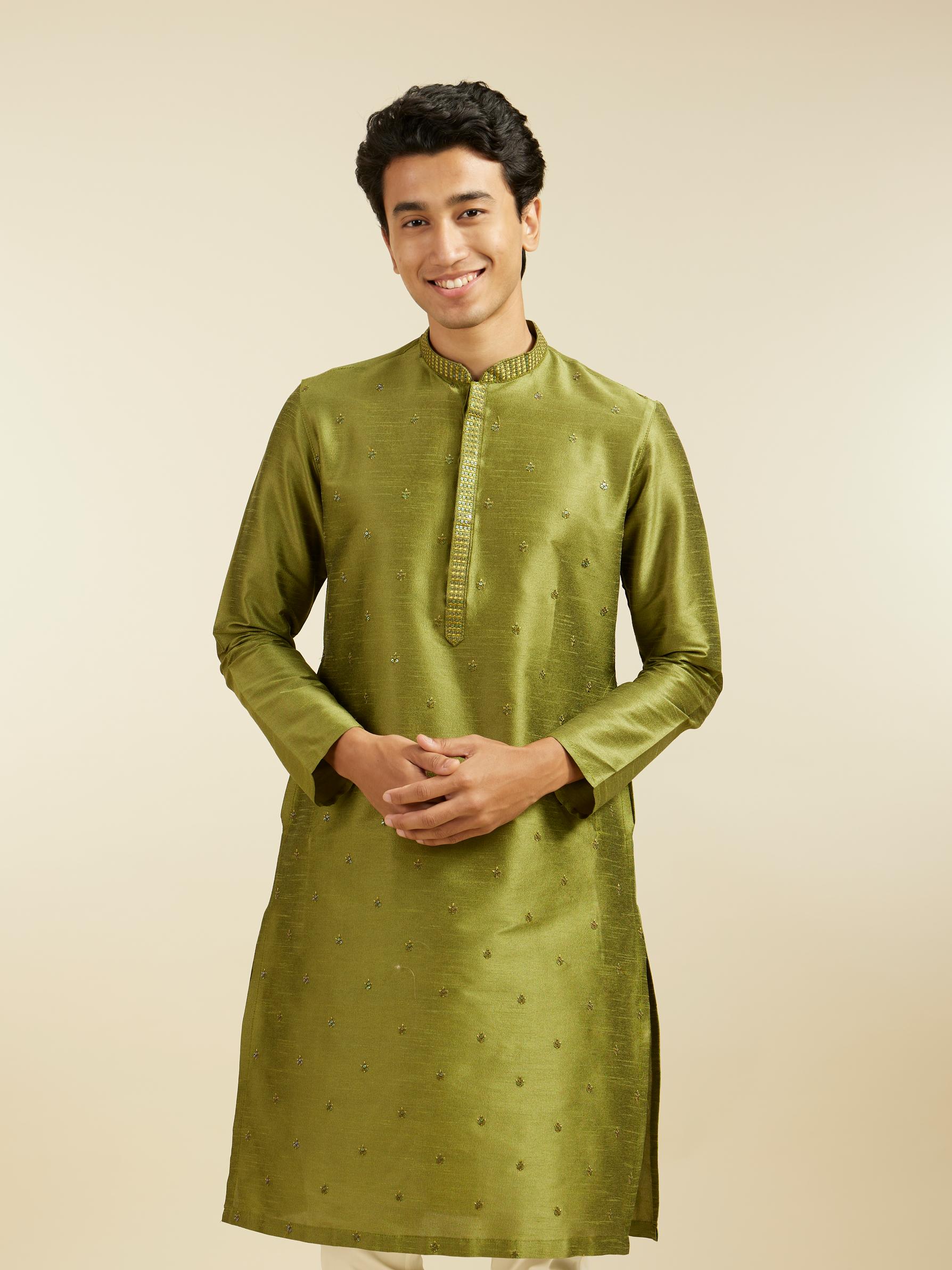 Diwas Men Olive Green Buta Embroidered Kurta with Sequin Work