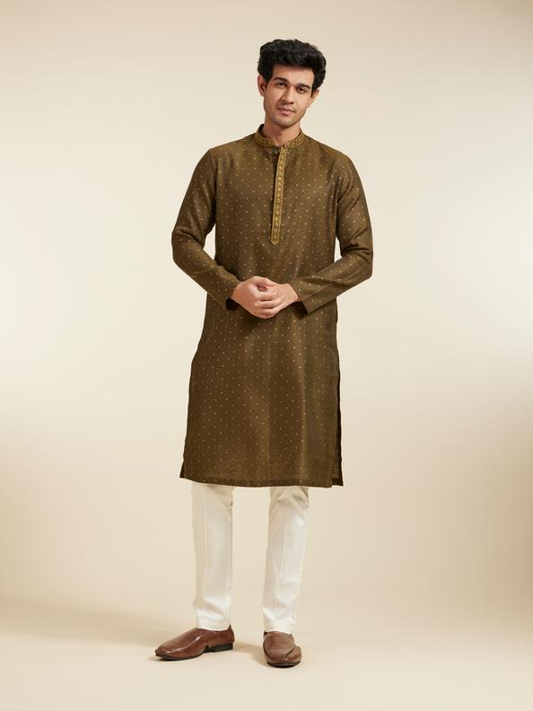 Diwas Men Olive Green Intricate Chowkadi Pattern with Sequin Work