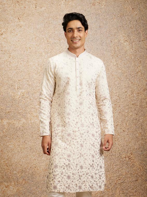 Twamev Men Purple Cream Rhapsody Kurta Pajama