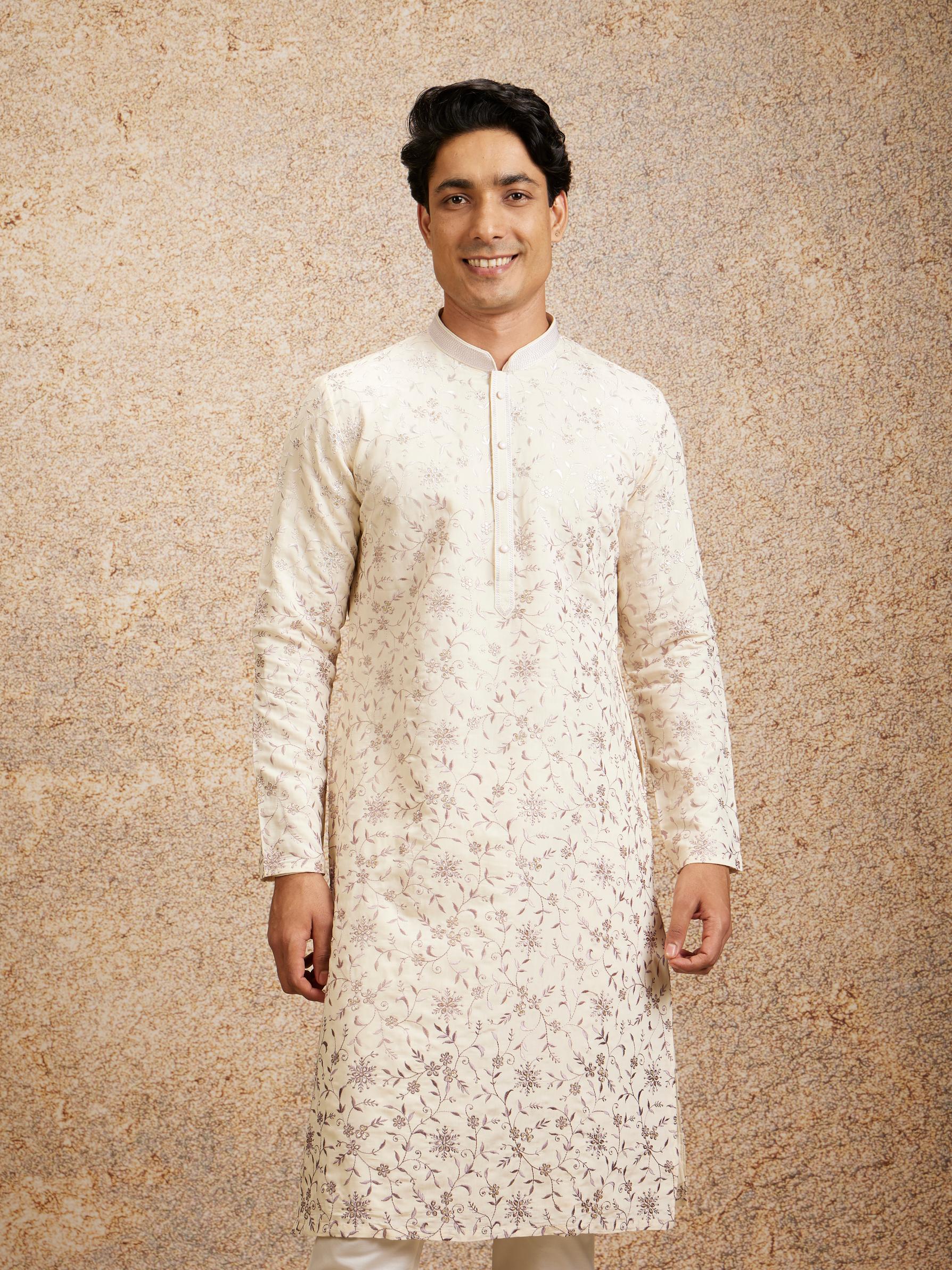 Twamev Men Purple Cream Rhapsody Kurta Pajama