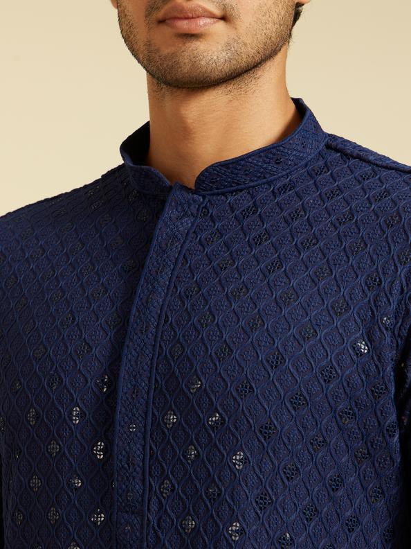 Diwas Men Navy Blue Chikankari Kurta With Sequins