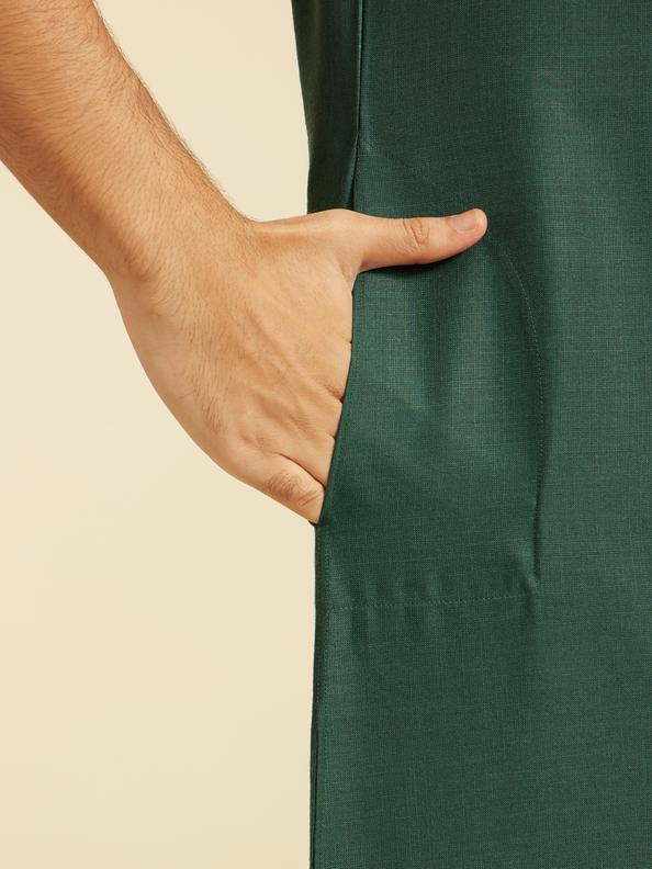 Diwas Men Bottle Green Paithani Style Kurta with Cuffed Sleeves