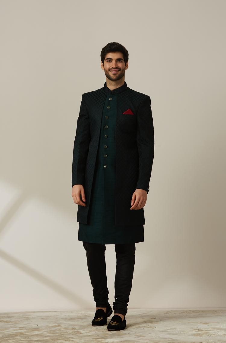 Twamev Men Bottle Green Achkan Style Indo Western Set