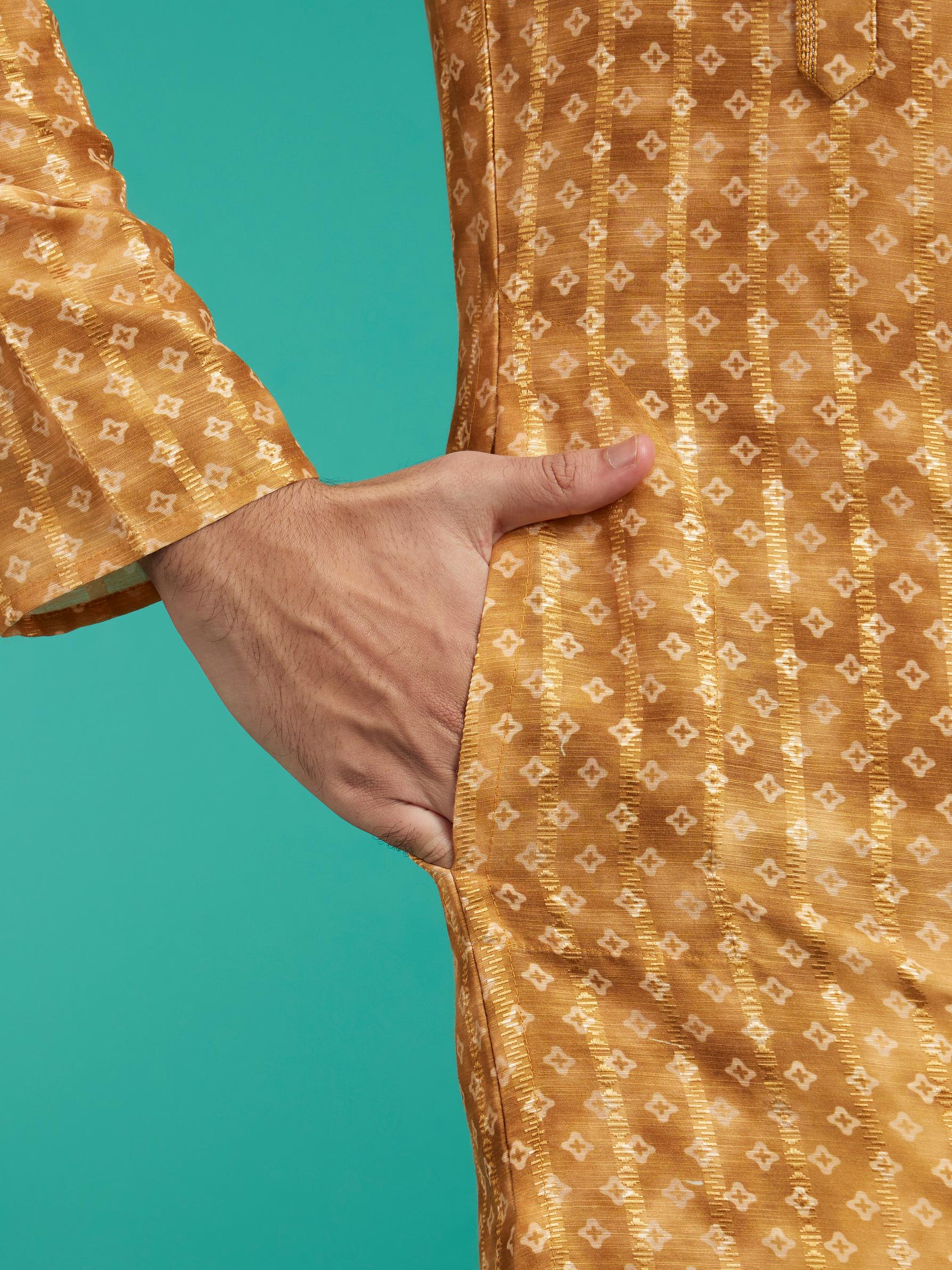 Diwas Men Mustard Yellow Bandhani Printed Angrakha Style Kurta