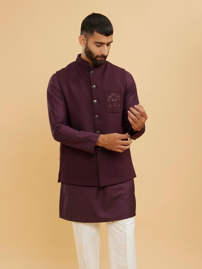 Twamev Men Wine Red Plain Classic Jacket Set with Embellished Medallion Motif
