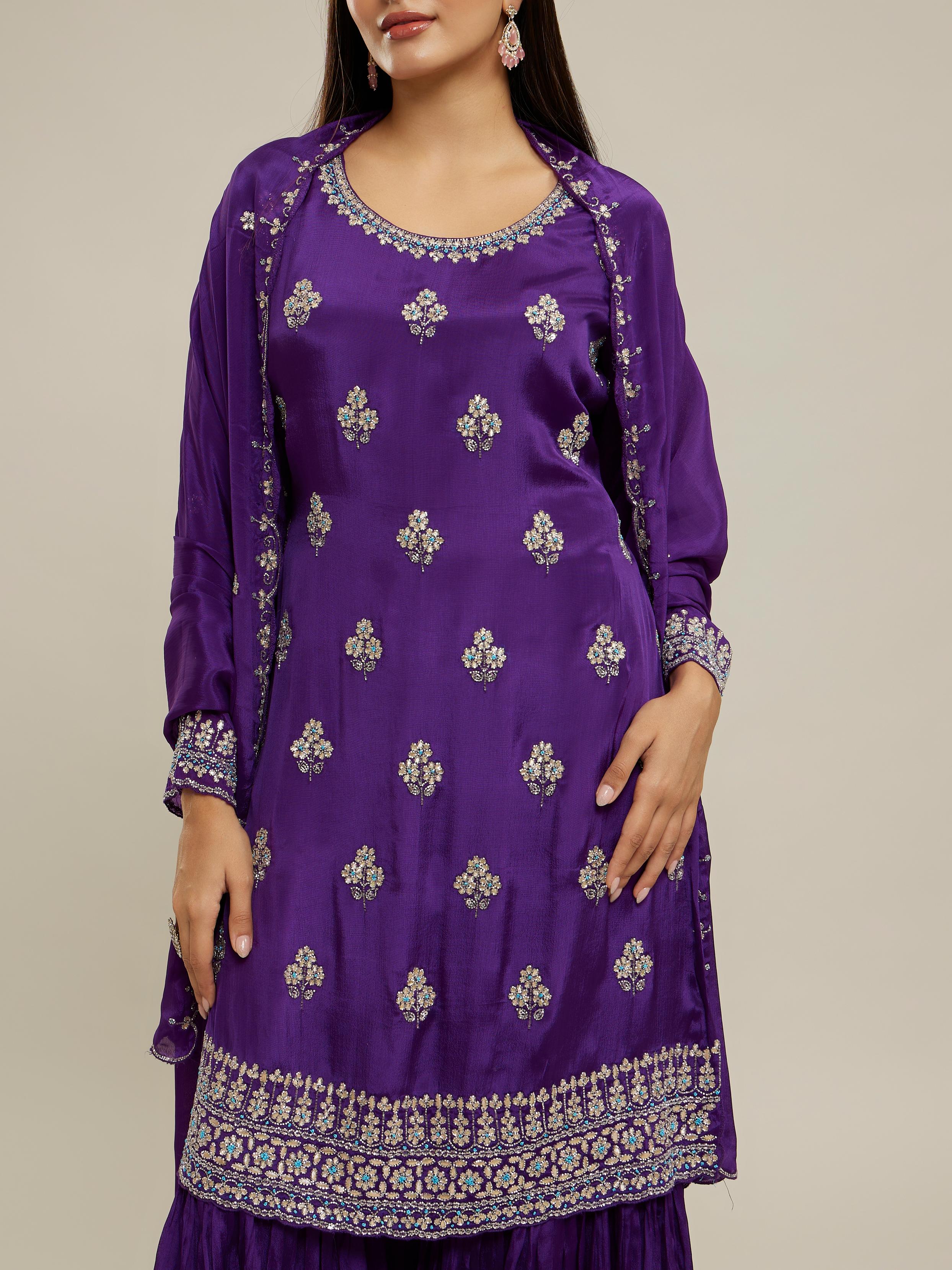 Twamev Women Royal Purple Chinon Stitched Suit