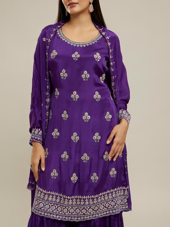 Twamev Women Royal Purple Chinon Stitched Suit
