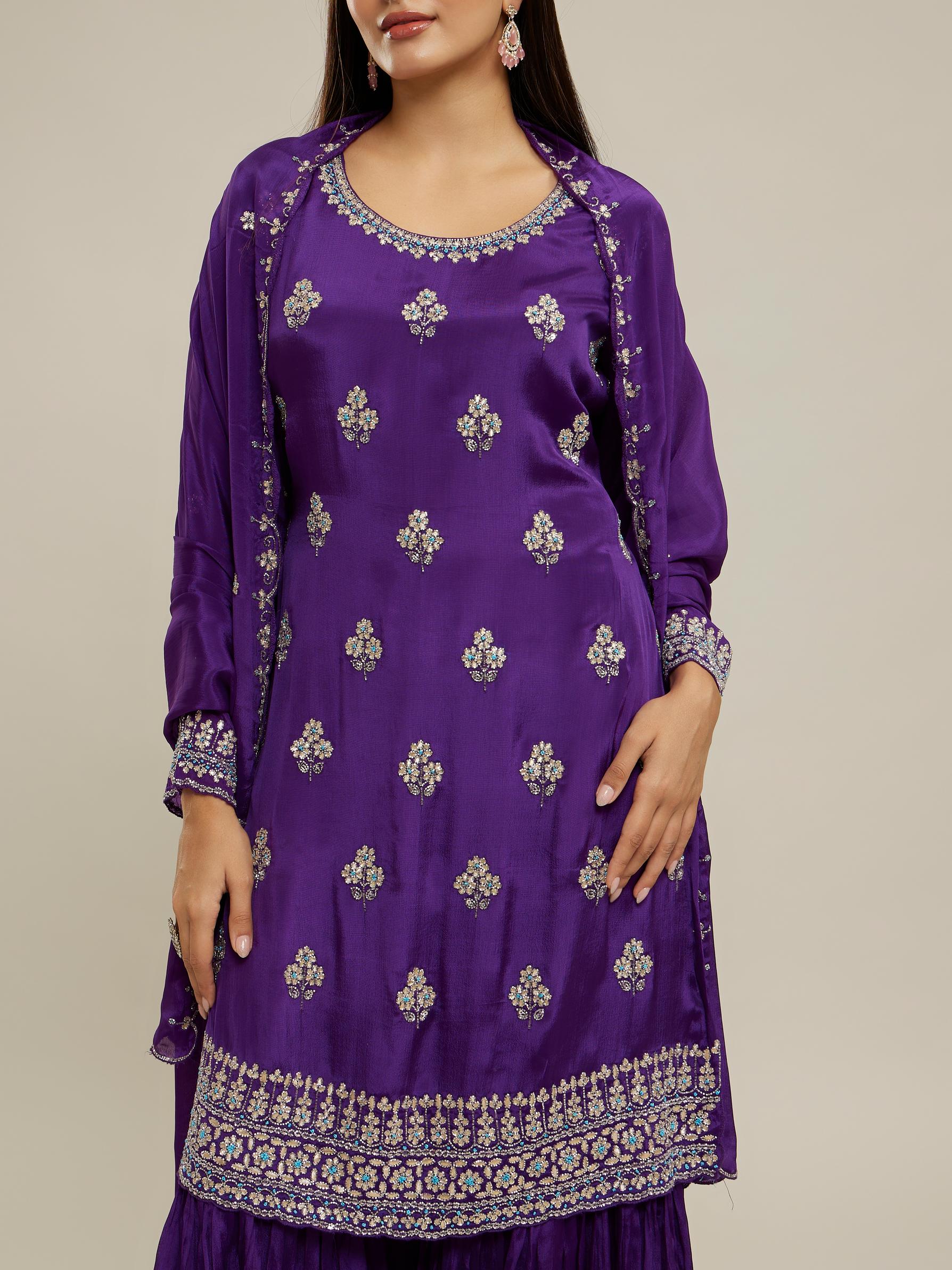 Twamev Women Royal Purple Chinon Stitched Suit