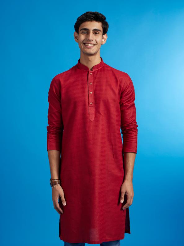 Diwas Men Maroon Red Lattice Patterned Kurta