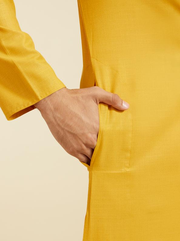Diwas Men Mustard Yellow Plain Classic Kurta with Embroidered Neckline