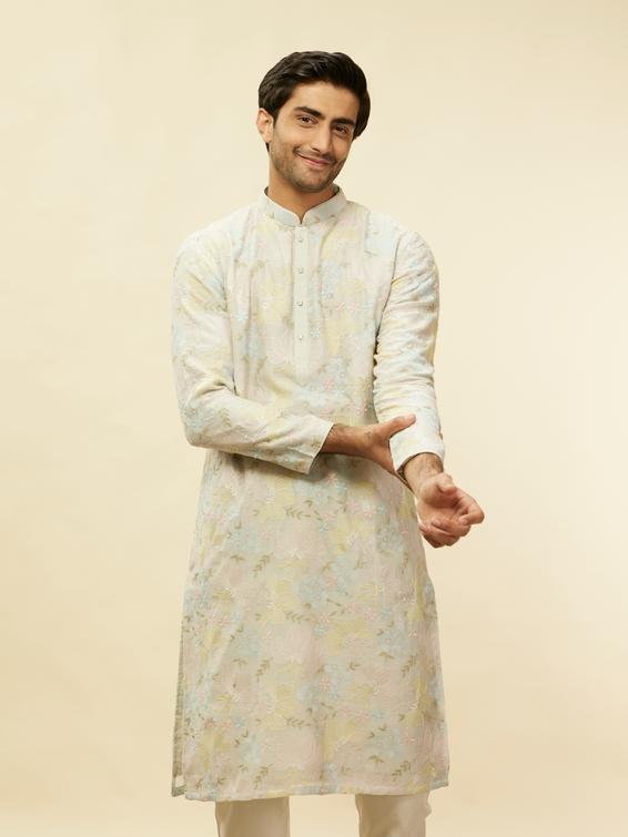 Twamev Men Soft Floral Grey Kurta Set