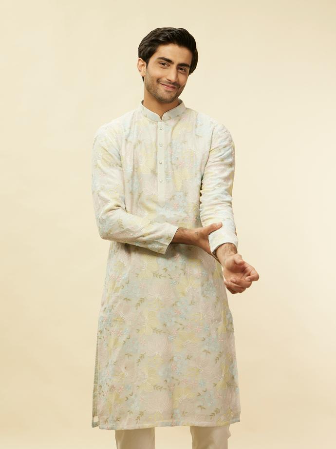 Twamev Men Soft Floral Grey Kurta Set