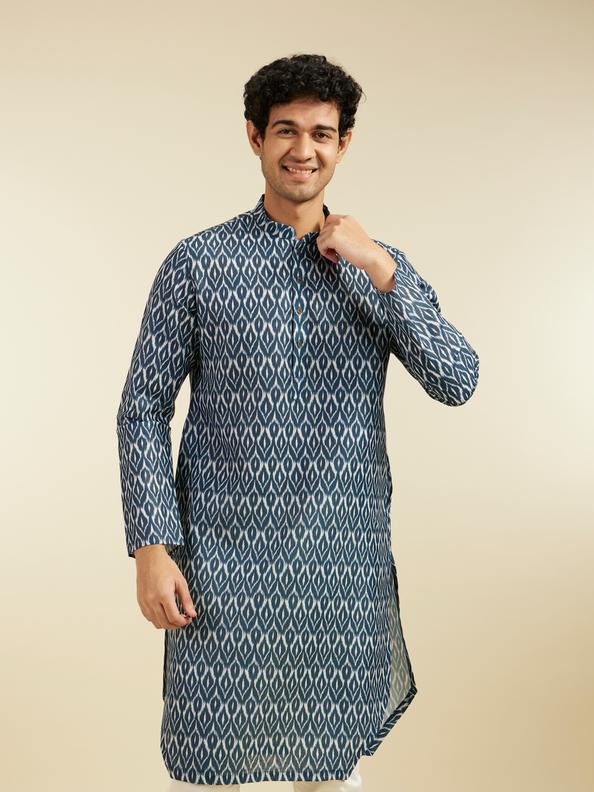 Diwas Men Oxford Blue IKat Print Kurta