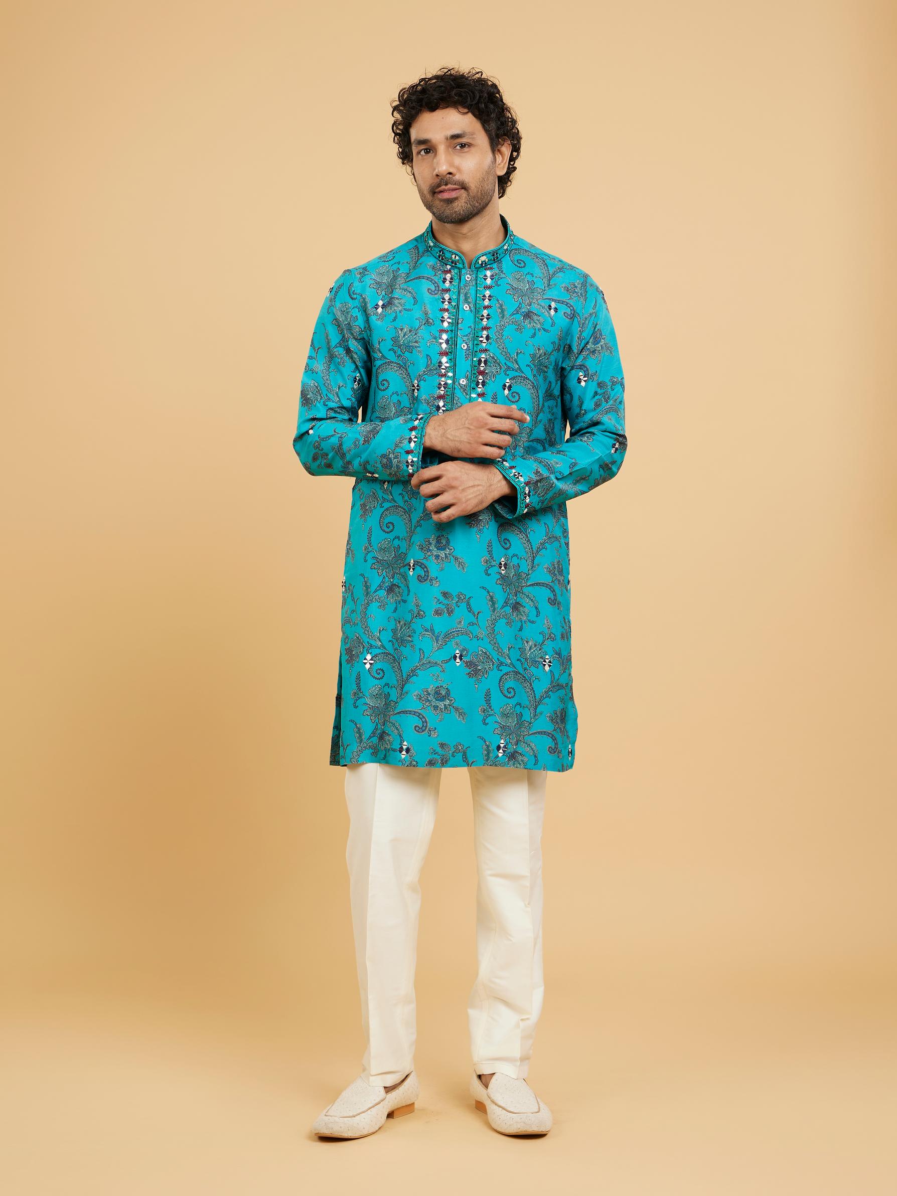 Twamev Men Teal Blue Charm Kurta Pajama