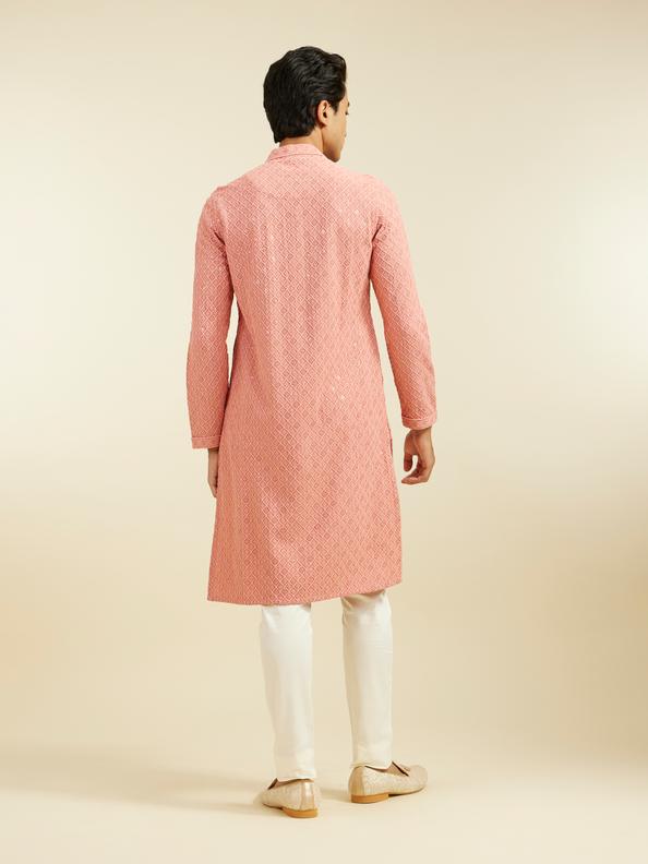 Diwas Men Coral Peach Chikankari Kurta With Sequins