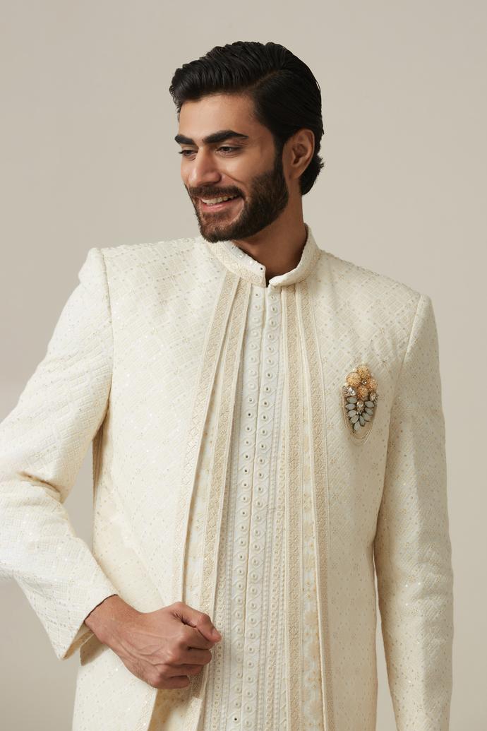 Twamev Men Cream Georgette Self Texture Zari Sherwani