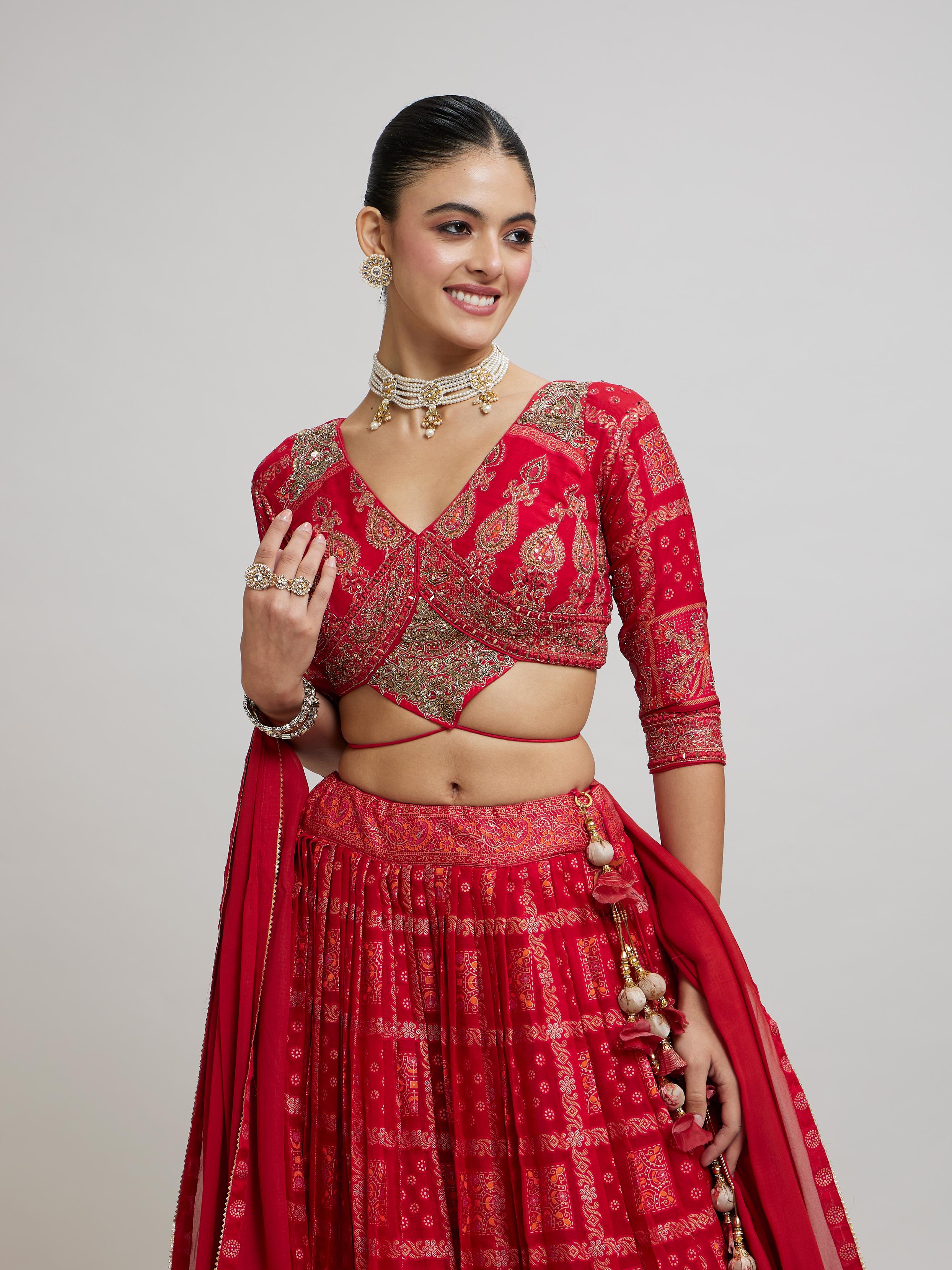 Twamev Women Scintillating Red Chinon Lehenga
