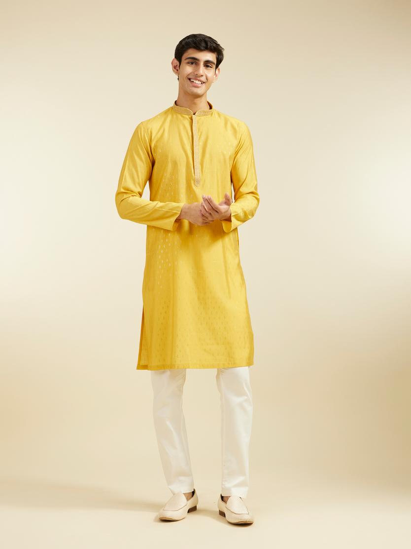 Diwas Men Mustard Yellow Kurta with Petal Motifs and Embroidered Placket