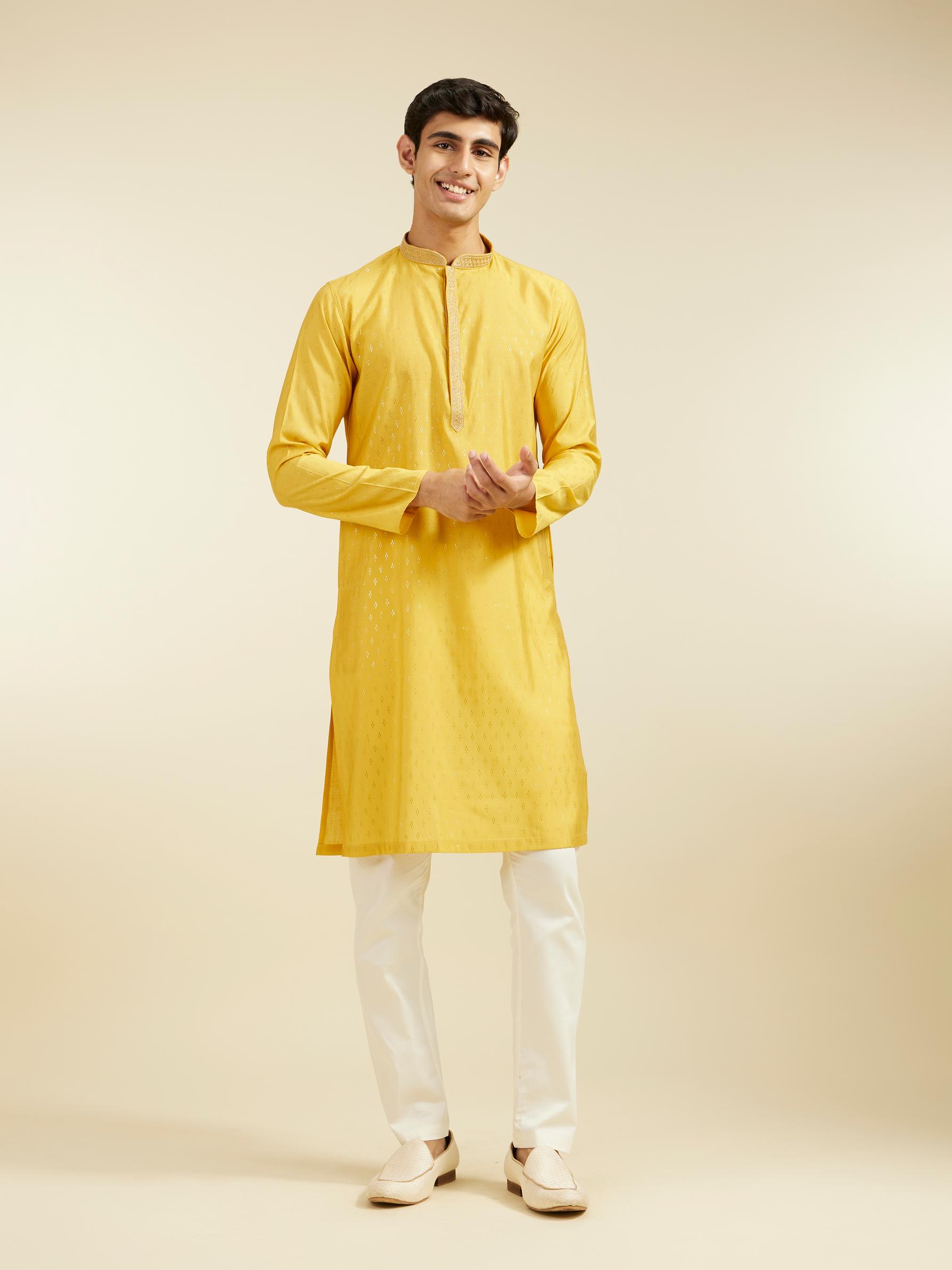 Diwas Men Mustard Yellow Kurta with Petal Motifs and Embroidered Placket