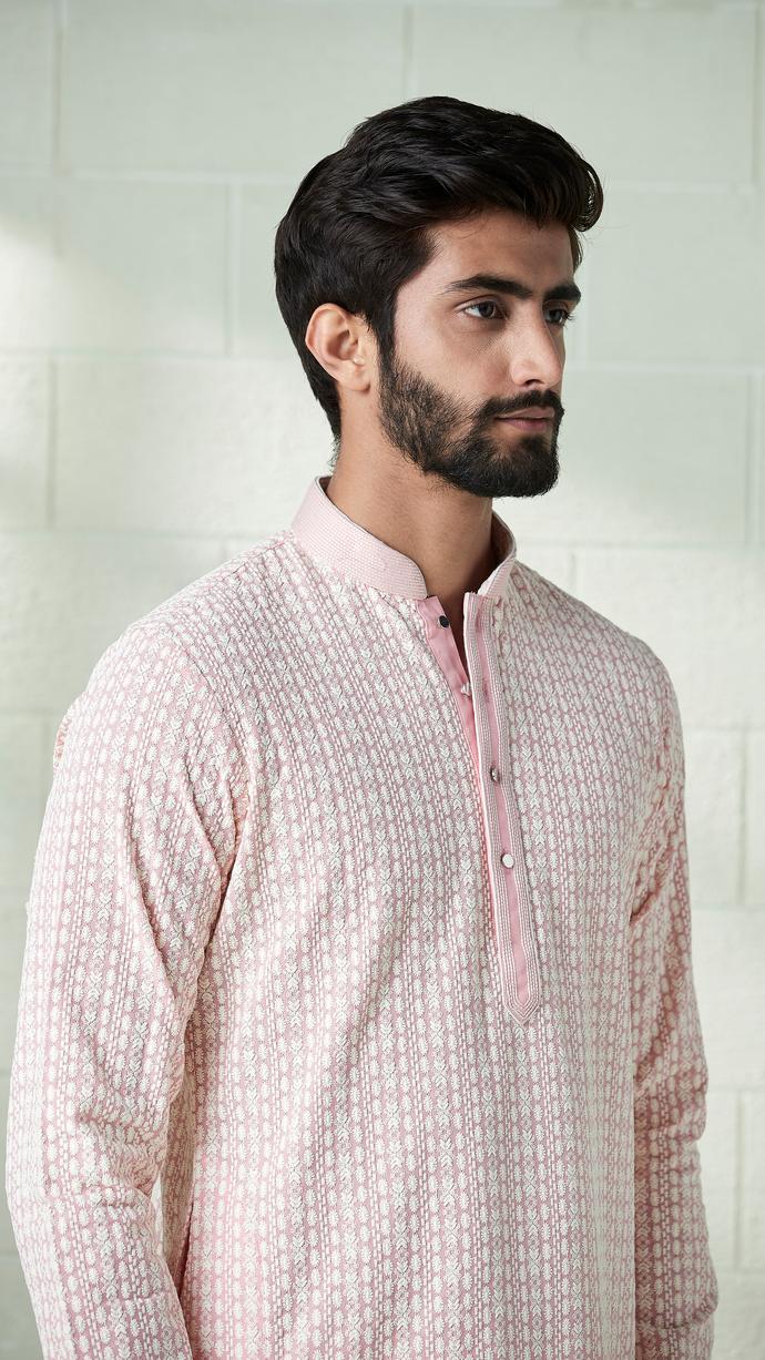 Twamev Men Rosewater Pink Embroidered Kurta Set