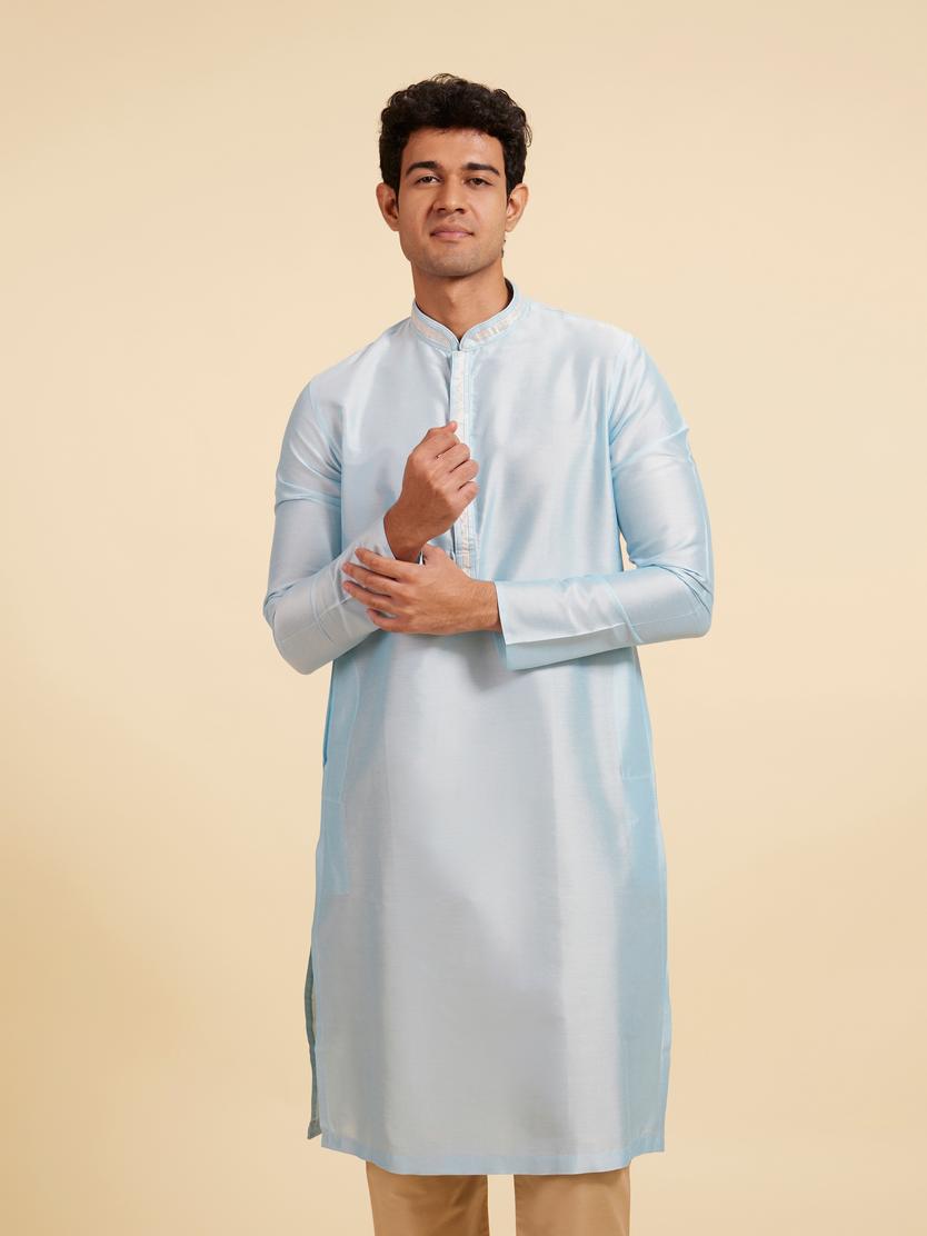 Diwas Men Powder Blue Plain Kurta with Embroidered Placket