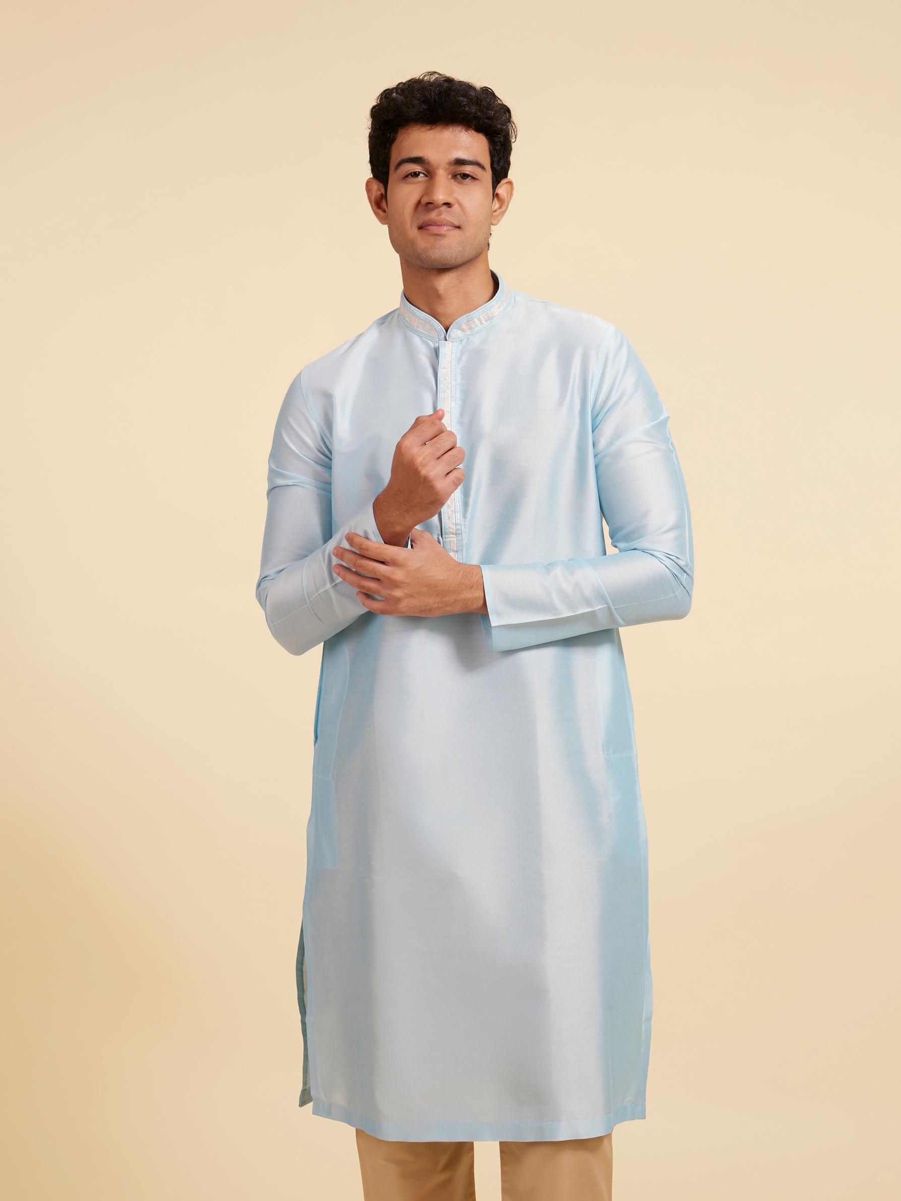 Diwas Men Powder Blue Plain Kurta with Embroidered Placket