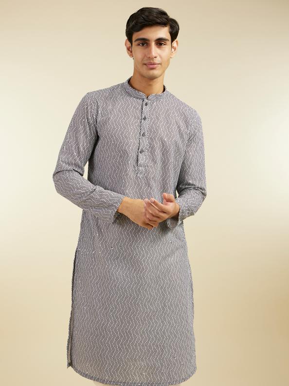 Diwas Men Battleship Grey Diamond Patterned Kurta with Rhinestones