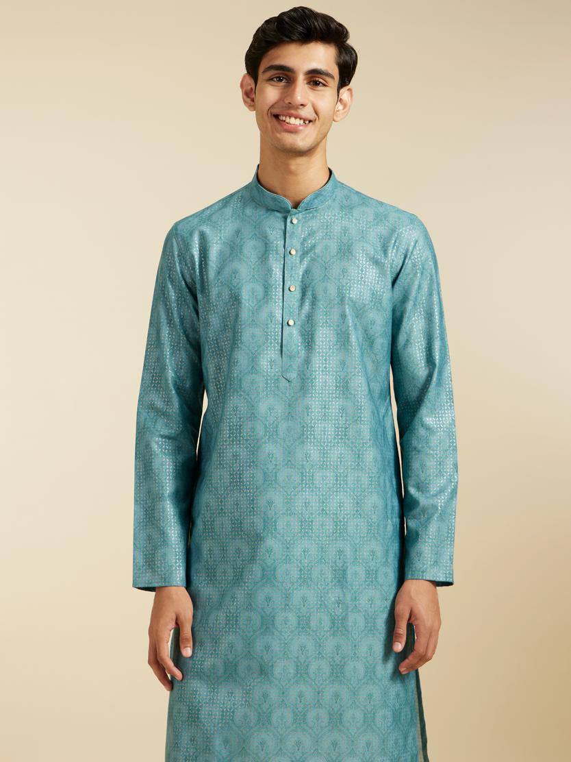 Diwas Men Aqua Green Medallion Printed Kurta