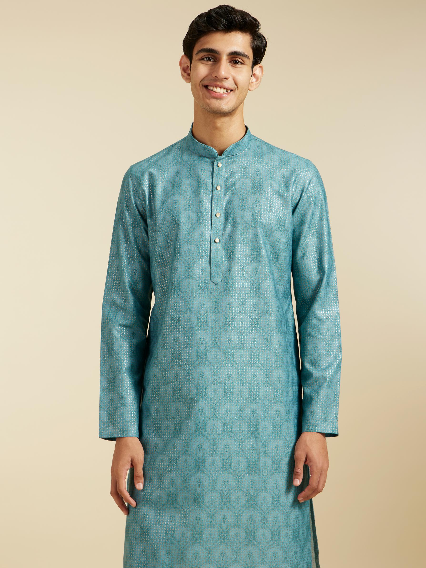 Diwas Men Aqua Green Medallion Printed Kurta