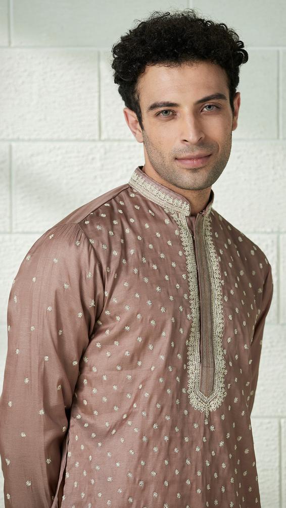 Twamev Men Mocha Brown Speckle Motif Kurta Set